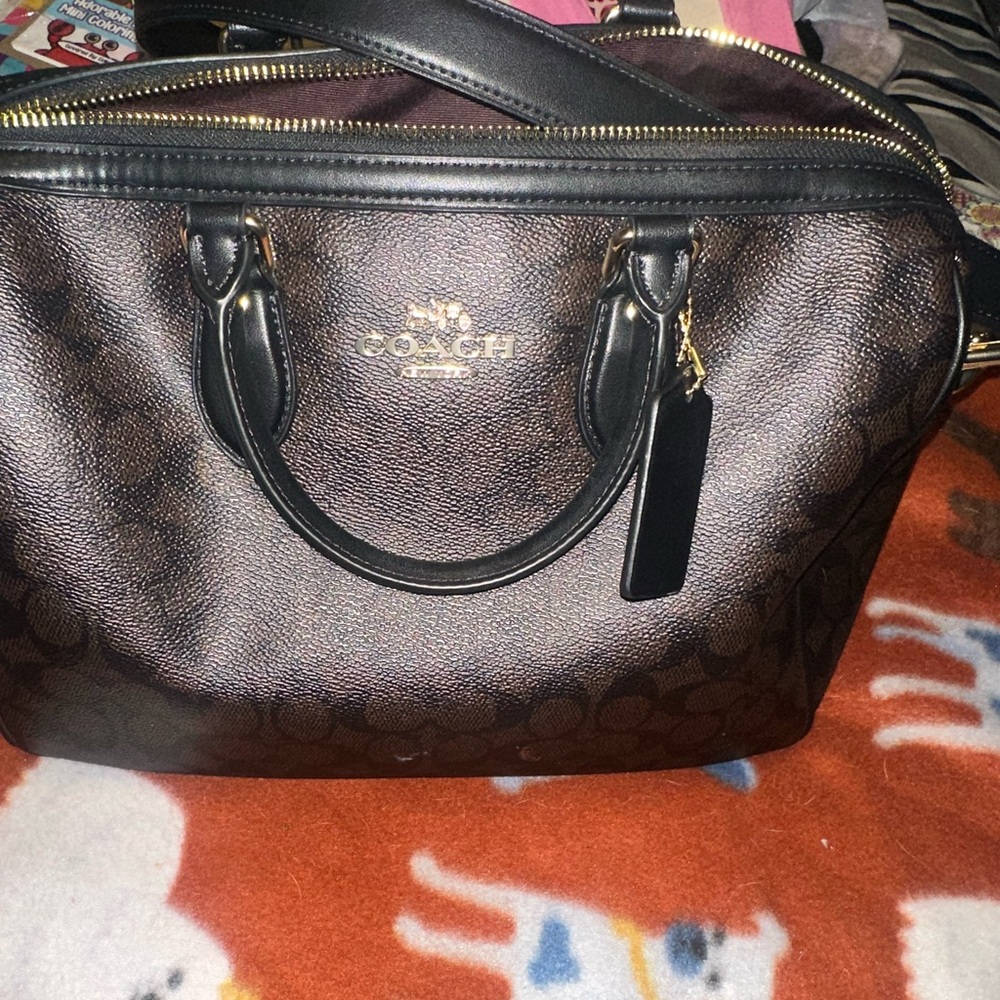 Coach Brown and Black Signature Satchel with Gold Hardware